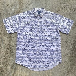 【L/XL】80s GAP コットン 半袖シャツ 白×青 総柄■ビンテージ オールドギャップ レトロ アメリカ古着 エスニック