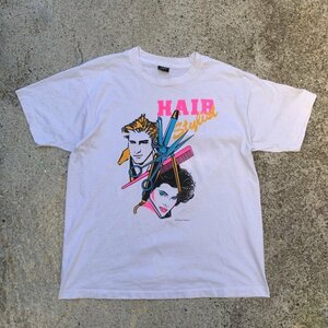 【L/XL】80s-90s USA製 ヘアースタイリスト プリントTシャツ 白■ビンテージ オールド レトロ アメリカ古着 美容師 シングルステッチ