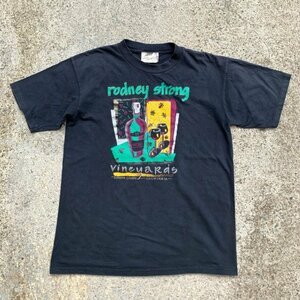 【XL】90s USA製 ワイン ロドニーストロング プリントTシャツ ブラック 黒■ビンテージ オールド アメリカ古着 企業 葡萄酒