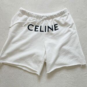 【最高峰・現行モデル】 CELINE セリーヌ メンズ ショートパンツ ハーフパンツ ショーツ 切りっぱなし加工 ロゴ　ホワイト 白 L