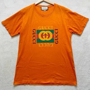 【美品・現行タグ】 GUCCI グッチ ヴィンテージロゴ クラッシュ加工 メンズ Tシャツ トップス カットソー オレンジ M インターロッキング