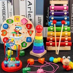 新品 5個セット 赤ちゃん おもちゃ まとめ売り 木のおもちゃ 楽器 知育玩具 積み木 木琴 アンパンマン モンテッソーリ