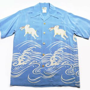 MAKANA LEI (マカナレイ) ALOHA SHIRT - USAGI - / シルクアロハシャツ 兎 美品 ブルー size S / ウサギの画像1