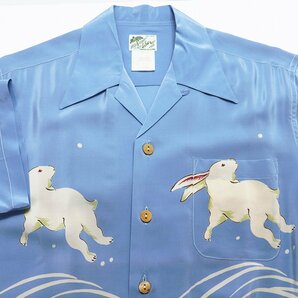 MAKANA LEI (マカナレイ) ALOHA SHIRT - USAGI - / シルクアロハシャツ 兎 美品 ブルー size S / ウサギの画像3