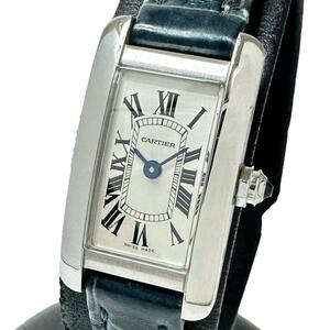 CARTIER/ Cartier Tank American Mini WSTA0032 наручные часы нержавеющая сталь / кожа кварц серебряный циферблат / темно-синий кожа ремень женский 