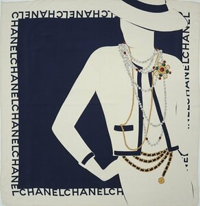 【1円/レア】シャネル CHANEL レディース シルクスカーフ マドモアゼル グリポア コスチュームジュエリー柄 86×85 クリーム ネイビー