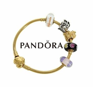 【1円/美品】パンドラ PANDORA Pandora Moments ハート＆スネークチェーンブレスレット Sv925 ゴールド GP チャーム5個付 California Xmas