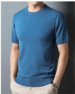 サマーセーター ニットTシャツ 半袖ニット メンズ サマーニット トップス カットソー カジュアル ライトブルー XL