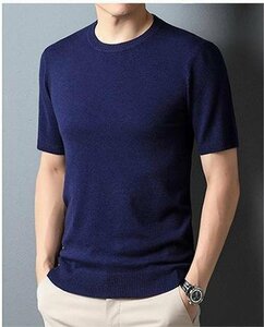 サマーセーター ニットTシャツ 半袖ニット メンズ サマーニット トップス カットソー カジュアル ネイビー M