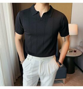 半袖ニット メンズ サマーセーター ニットTシャツ サマーニット トップス カットソー カジュアル ブラック XLサイズ