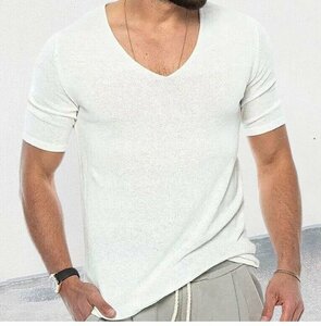 サマーセーター ニットTシャツ サマーニット トップス カットソー カジュアル 半袖ニット メンズ ホワイト 2XLサイズ