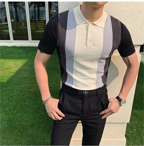 メンズ サマーセーター サマーニット トップス カットソー カジュアル 半袖Tシャツ ニットTシャツ ブラック XLサイズ