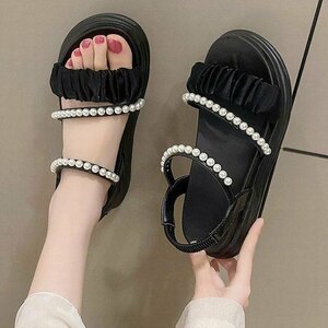  sandals comfort sandals lady's new work .. pearl summer ko-te thickness bottom Flat sole summer sandals black 25cm