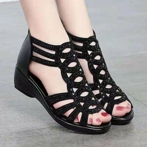  summer new work sandals lady's Wedge sole fatigue not stylish beautiful legs . slide sole ventilation women's shoes black 25cm