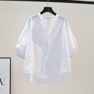 春 夏 韓国風 ブラウス レディース 半袖 おしゃれ オフィス きれいめ チュニック シャツ トップス ホワイト 2XL