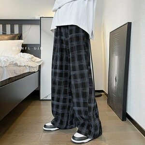 ゆったりパンツ ボトムス チェック柄パンツ 長ズボン ワイドパンツ スリム カジュアル　ブラック3XL