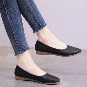  flat shoes lady's lady's shoes leather shoes PU leather .... slip-on shoes shoes casual black 23cm