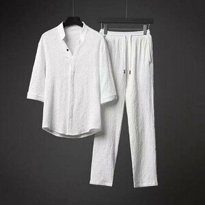 夏 Tシャツ ロングパンツ パンツ メンズ ルームウェア 部屋着 涼しいセットアップ 上下セット ホワイト 2XL