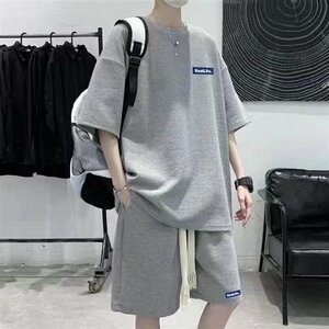 夏 カジュアル 半袖シャツ ショートパンツ 韓國ファッション セットアップ 上下セット メンズ グレー 3XL