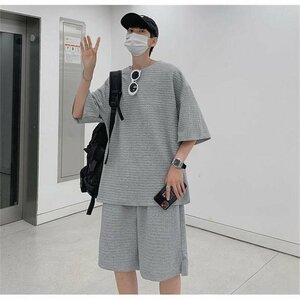 夏 涼しい 半袖 Tシャツ ショートパンツ パジャマ トップス セットアップ メンズ 上下セット グレー 3XL