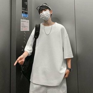 夏 涼しい 半袖 Tシャツ ショートパンツ パジャマ トップス セットアップ メンズ 上下セット ホワイト M