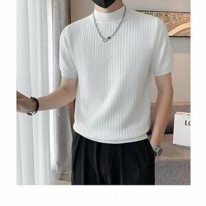 薄手 トップス デザイン 波編み 半袖 モックネック 無地 サマーニット メンズ Tシャツ ゴルフ 丸首 夏 ホワイト XL