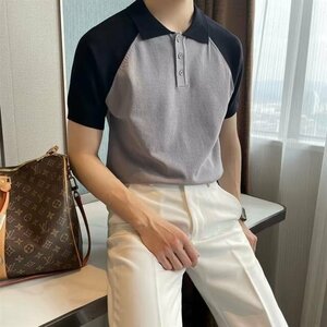 サマーニット トップス カットソー カジュアル 半袖Tシャツ メンズ サマーセーター ニットグレー XLサイズ