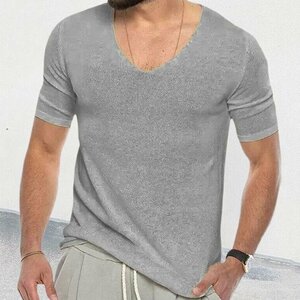 サマーセーター ニットTシャツ サマーニット トップス カットソー カジュアル 半袖ニット メンズ グレー 2XLサイズ