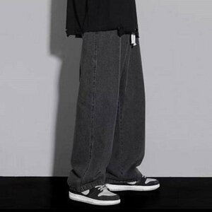ジーパン 春夏 通学 学生 大きいサイズ デニムパンツ メンズ ゆったり 韓国ファッション 無地 おしゃれ ブラック XL