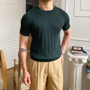 サマーニット トップス カットソー カジュアル 半袖Tシャツ メンズ サマーセーター ニットグリーン Mサイズ