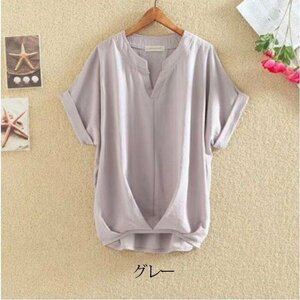 ブラウス 半袖 レディース シャツ トップス オフィス 事務服 ゆったり きれいめ 夏 春 Vネック グレー XL