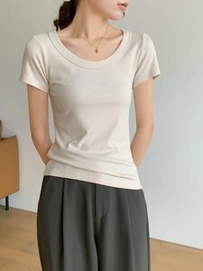 スイモク 半袖 Tシャツ レディース トップス カットソー リブ デイリー 肌触りの良い素材 大きいサイズ F サイズM