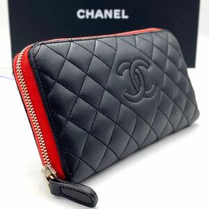 美品 CHANEL ダイヤ マトラッセ ラムスキン キャビアスキン ラウンドファスナー ロゴ 長財布 ブラック ステッチ シャネル シェブロン