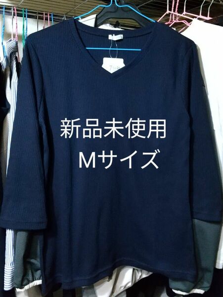 Ｖネック　トップス　Tシャツ　インナー　 ネイビー　七分袖