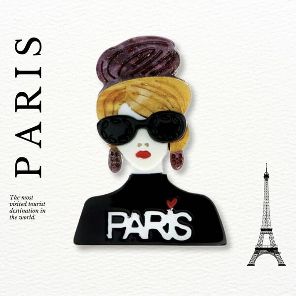 Paris broach パリジェンヌ風 ブローチ PARISロゴ入りタートルを着たレディ