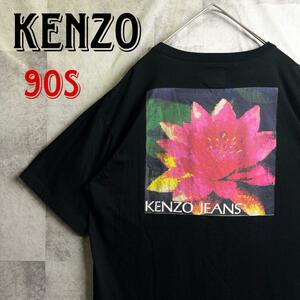 希少 美品 90s ヴィンテージ オールド KENZO ケンゾー Tシャツ フラワーバックプリント 半袖 ブラック 黒 F 日本製