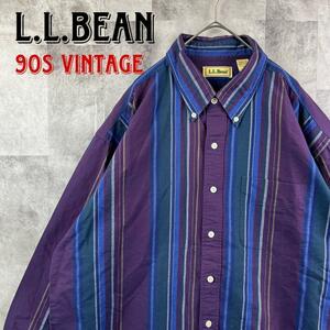 希少ヴィンテージ ビッグサイズ 90s L.L.BEAN エルエルビーン ボタンダウンシャツ 長袖 マルチカラーストライプ ネイビー パープル XL