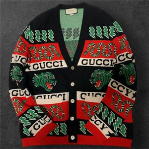 美品 グッチ GUCCI シンボルズウールジャガードカーディガン M メンズ オーバーサイズ 秋冬