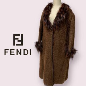 正規 FENDI フェンディ モヘア混 ファーコート ロング レディース SIZE:42 