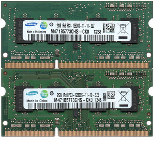 【DDR3 2GBx2枚 合計4GB ノートPC用】＜動作確認済＞SAMSUNG DDR3-1600 (PC3-12800S) 型番：M471B5773CHS-CK0 x 2枚【中古】H187