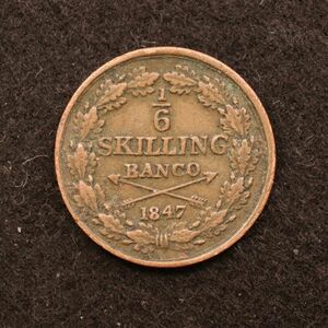 KM#656/スウェーデン 1/6 Skilling Banco銅貨（1847）[E4176]コイン