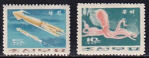 24 北朝鮮【未使用】＜「1965 SC#646-47 頭足類・イカとタコ」 2種完 ＞