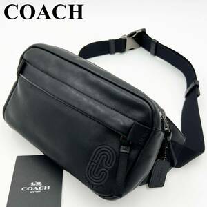 【極美品/現行】COACH コーチ メンズ ワッペン スリム 肩掛け クロスボディ ウエスト ショルダー ボディ バッグ 革 レザー ブラック 黒色