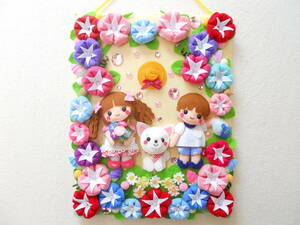 Art hand Auction Summer☆Morning glory☆Boy☆Girl☆Dog☆Straw hat☆Flower☆Felt☆Wreath-style tapestry☆Handmade☆Handcrafted☆Wall hanging☆Wall decoration, sewing, embroidery, Finished Product, others