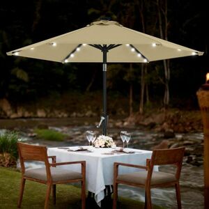 LED light attaching aluminium garden parasol tilt function crank opening and closing sunshade water-repellent outdoor commercial (230cm, khaki )