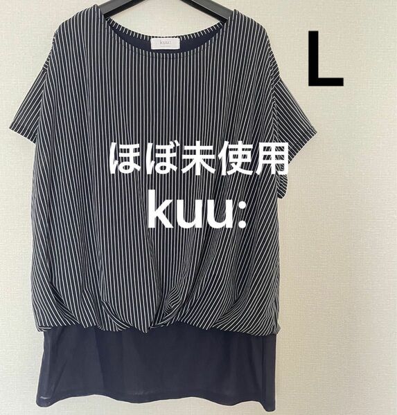 ほぼ未使用美品 kuu ストライプ柄 ブラウス L カットソー Tシャツ プルオーバー クー ブラック 黒 白 半袖 トップス