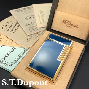 良品 ST.Dupont デュポン ライン1 ライター 都彭 着火確認 青漆/ゴールド 箱付 ローラー式 フランス製 ガスライター 正規品 最落無