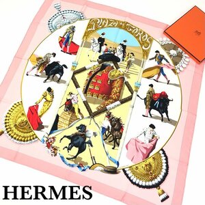 未使用 美品 HERMES エルメス スカーフ カレ90 PLAZA DE TOROS/闘牛場 大判 シルク ピンク 闘牛士/馬/牛 箱付 ツイリー 正規品 最落無