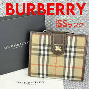 未使用★BURBERRY バーバリー 2つ折財布 ガマ口小銭入れ ノバチェック＆カーフレザー本革 茶