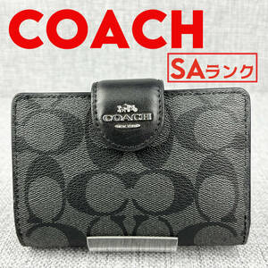 超美品★COACH コーチ C0082 2つ折財布 L字ファスナー小銭入 チャコールグレーPVC＆黒レザー